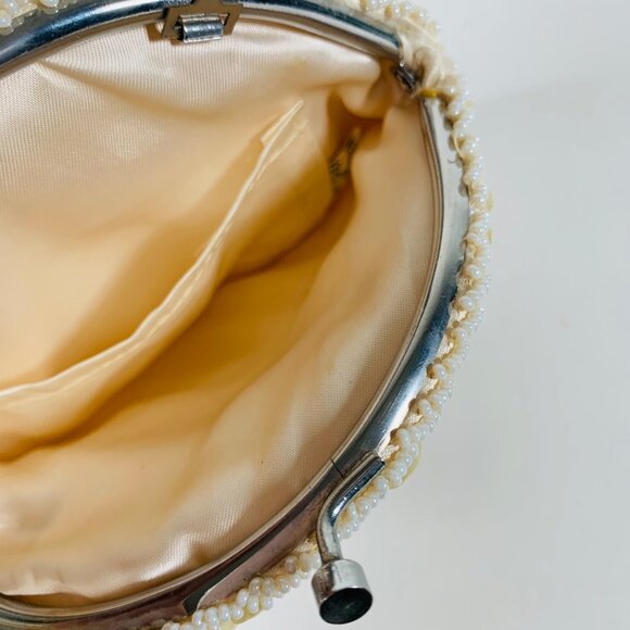 Flapper Beaded Sequined Evening Bag Kiss Clasp VTG Purse Silver Chain Strap - Picture 8 of 12